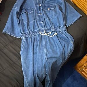 Blue Denim Jumpsuit with Drawstring Waist